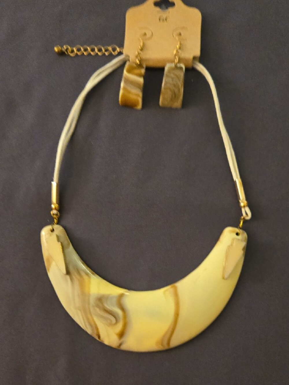 Cream Marbled Crescent Pendant Necklace with Gold-Tone Accents - Picture 3 of 3